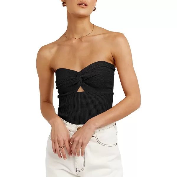 imageANRABESS Women Strapless Crop Tube Top Sexy Ribbed Knit Cutout Twisted Knot Front Sleeveless Y2K Corset Tanks TopBlack