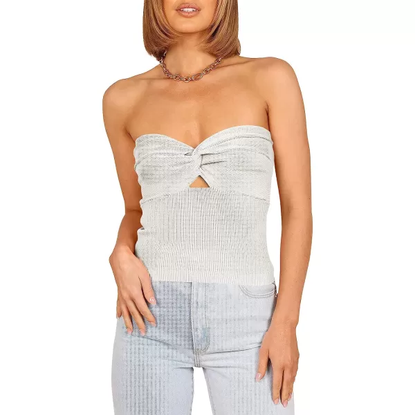 imageANRABESS Women Strapless Crop Tube Top Sexy Ribbed Knit Cutout Twisted Knot Front Sleeveless Y2K Corset Tanks TopWhite