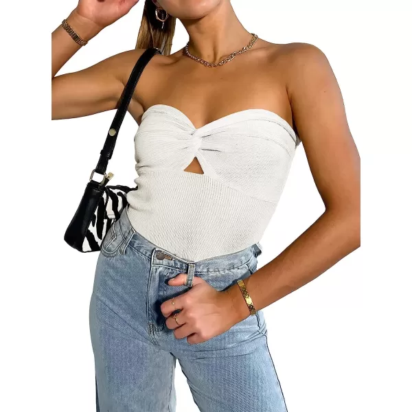 imageANRABESS Women Strapless Crop Tube Top Sexy Ribbed Knit Cutout Twisted Knot Front Sleeveless Y2K Corset Tanks TopWhite