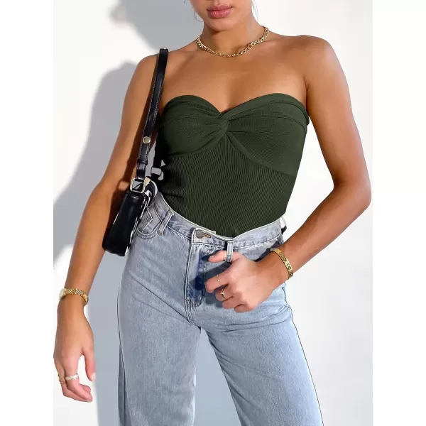 imageANRABESS Women Strapless Crop Tube Top Sexy Ribbed Knit Twisted Knot Front Bandeau Sleeveless Y2K Corset Tanks TopsArmy Green