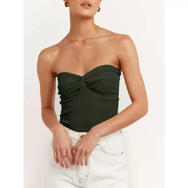 imageANRABESS Women Strapless Crop Tube Top Sexy Ribbed Knit Twisted Knot Front Bandeau Sleeveless Y2K Corset Tanks TopsArmy Green