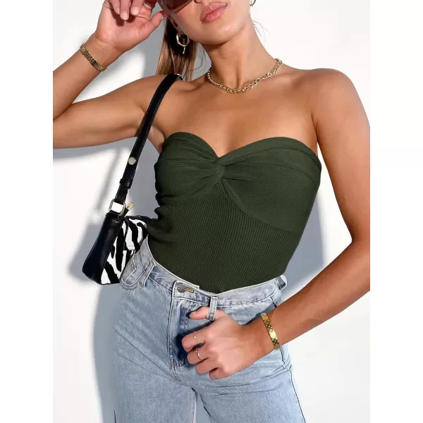 imageANRABESS Women Strapless Crop Tube Top Sexy Ribbed Knit Twisted Knot Front Bandeau Sleeveless Y2K Corset Tanks TopsArmy Green