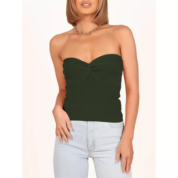 imageANRABESS Women Strapless Crop Tube Top Sexy Ribbed Knit Twisted Knot Front Bandeau Sleeveless Y2K Corset Tanks TopsArmy Green