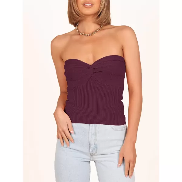 imageANRABESS Women Strapless Crop Tube Top Sexy Ribbed Knit Twisted Knot Front Bandeau Sleeveless Y2K Corset Tanks TopsBurgundy