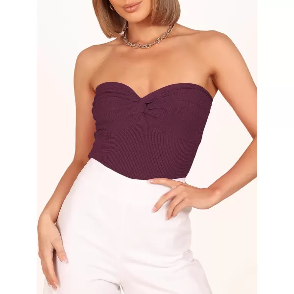 imageANRABESS Women Strapless Crop Tube Top Sexy Ribbed Knit Twisted Knot Front Bandeau Sleeveless Y2K Corset Tanks TopsBurgundy