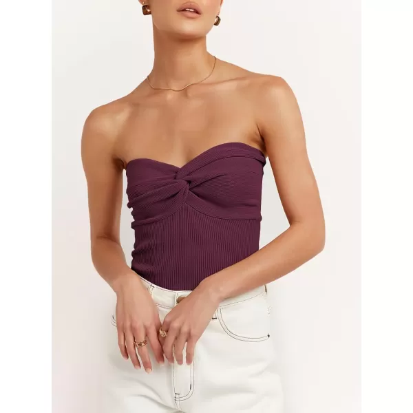 imageANRABESS Women Strapless Crop Tube Top Sexy Ribbed Knit Twisted Knot Front Bandeau Sleeveless Y2K Corset Tanks TopsBurgundy