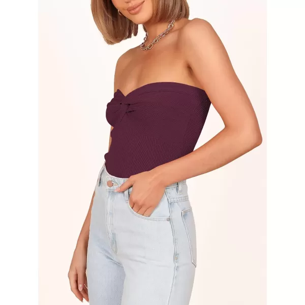 imageANRABESS Women Strapless Crop Tube Top Sexy Ribbed Knit Twisted Knot Front Bandeau Sleeveless Y2K Corset Tanks TopsBurgundy