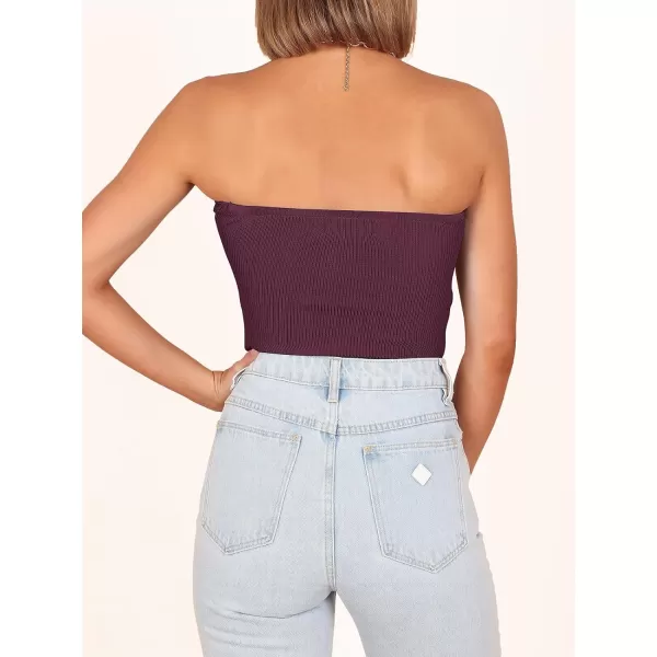 imageANRABESS Women Strapless Crop Tube Top Sexy Ribbed Knit Twisted Knot Front Bandeau Sleeveless Y2K Corset Tanks TopsBurgundy