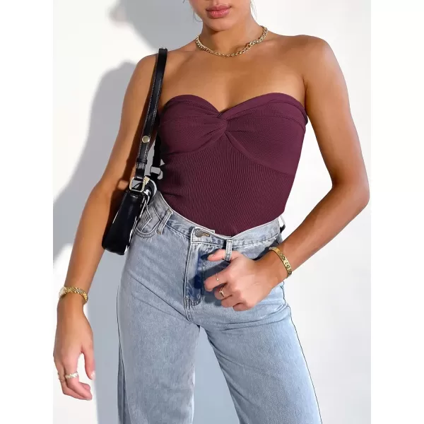 imageANRABESS Women Strapless Crop Tube Top Sexy Ribbed Knit Twisted Knot Front Bandeau Sleeveless Y2K Corset Tanks TopsBurgundy