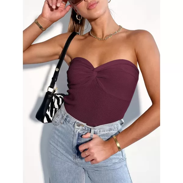imageANRABESS Women Strapless Crop Tube Top Sexy Ribbed Knit Twisted Knot Front Bandeau Sleeveless Y2K Corset Tanks TopsBurgundy
