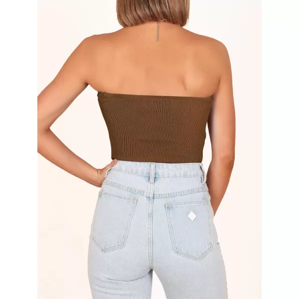 imageANRABESS Women Strapless Crop Tube Top Sexy Ribbed Knit Twisted Knot Front Bandeau Sleeveless Y2K Corset Tanks TopsCaramel