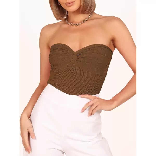 imageANRABESS Women Strapless Crop Tube Top Sexy Ribbed Knit Twisted Knot Front Bandeau Sleeveless Y2K Corset Tanks TopsCaramel