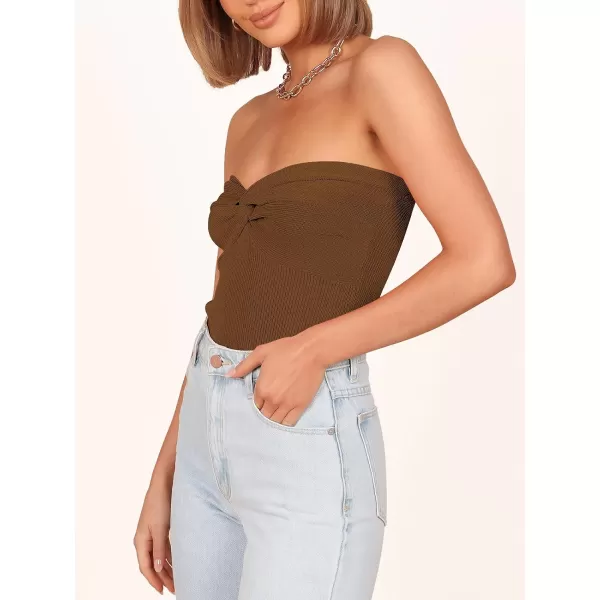 imageANRABESS Women Strapless Crop Tube Top Sexy Ribbed Knit Twisted Knot Front Bandeau Sleeveless Y2K Corset Tanks TopsCaramel