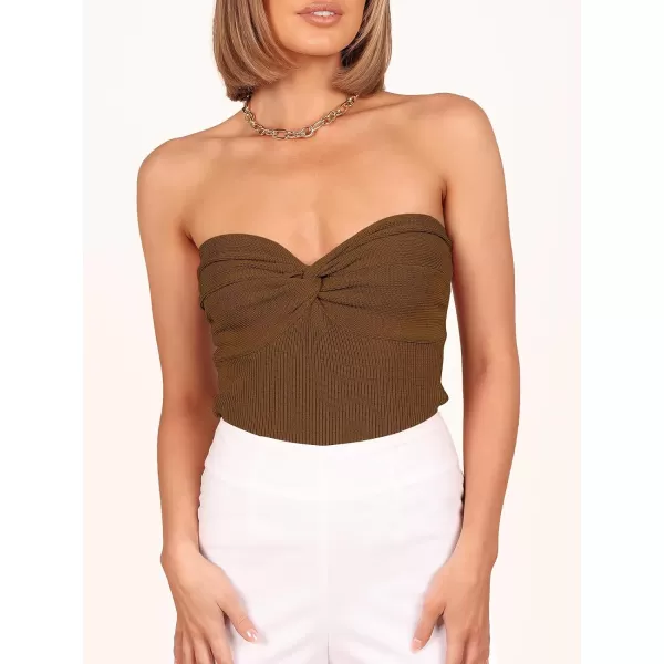 imageANRABESS Women Strapless Crop Tube Top Sexy Ribbed Knit Twisted Knot Front Bandeau Sleeveless Y2K Corset Tanks TopsCaramel