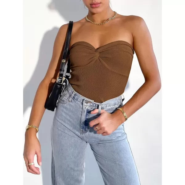 imageANRABESS Women Strapless Crop Tube Top Sexy Ribbed Knit Twisted Knot Front Bandeau Sleeveless Y2K Corset Tanks TopsCaramel