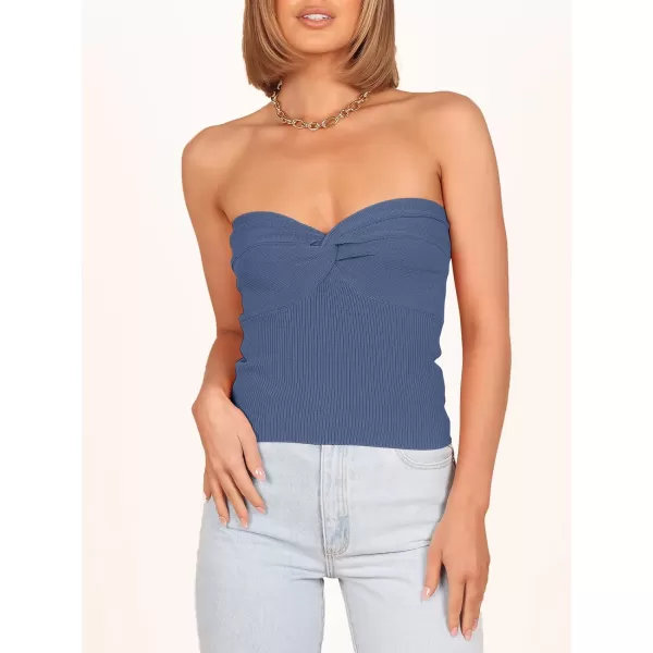 imageANRABESS Women Strapless Crop Tube Top Sexy Ribbed Knit Twisted Knot Front Bandeau Sleeveless Y2K Corset Tanks TopsDeep Blue