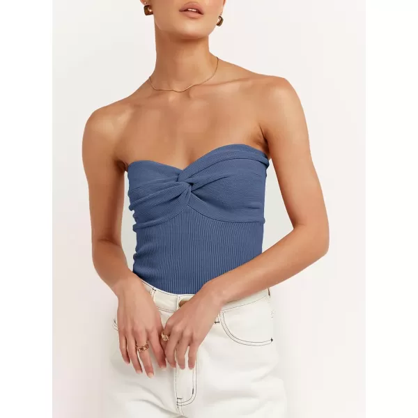 imageANRABESS Women Strapless Crop Tube Top Sexy Ribbed Knit Twisted Knot Front Bandeau Sleeveless Y2K Corset Tanks TopsDeep Blue