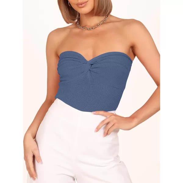 imageANRABESS Women Strapless Crop Tube Top Sexy Ribbed Knit Twisted Knot Front Bandeau Sleeveless Y2K Corset Tanks TopsDeep Blue