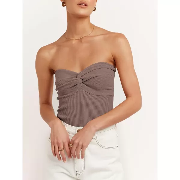 imageANRABESS Women Strapless Crop Tube Top Sexy Ribbed Knit Twisted Knot Front Bandeau Sleeveless Y2K Corset Tanks TopsDeep Khaki