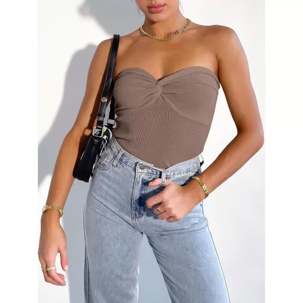 imageANRABESS Women Strapless Crop Tube Top Sexy Ribbed Knit Twisted Knot Front Bandeau Sleeveless Y2K Corset Tanks TopsDeep Khaki