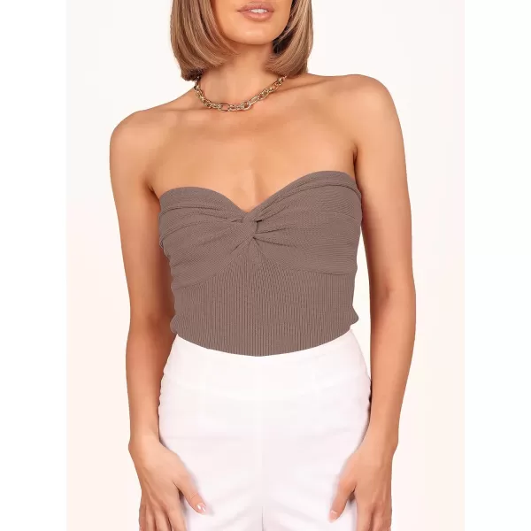 imageANRABESS Women Strapless Crop Tube Top Sexy Ribbed Knit Twisted Knot Front Bandeau Sleeveless Y2K Corset Tanks TopsDeep Khaki