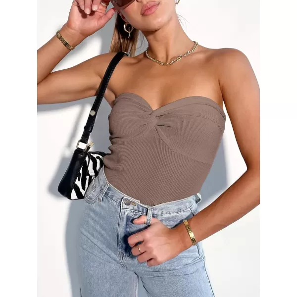 imageANRABESS Women Strapless Crop Tube Top Sexy Ribbed Knit Twisted Knot Front Bandeau Sleeveless Y2K Corset Tanks TopsDeep Khaki