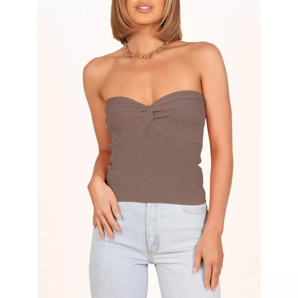 imageANRABESS Women Strapless Crop Tube Top Sexy Ribbed Knit Twisted Knot Front Bandeau Sleeveless Y2K Corset Tanks TopsDeep Khaki