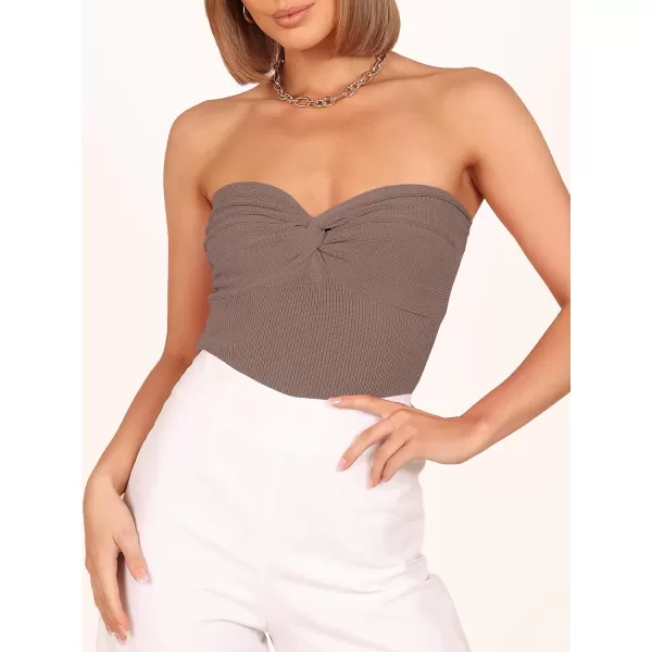 imageANRABESS Women Strapless Crop Tube Top Sexy Ribbed Knit Twisted Knot Front Bandeau Sleeveless Y2K Corset Tanks TopsDeep Khaki