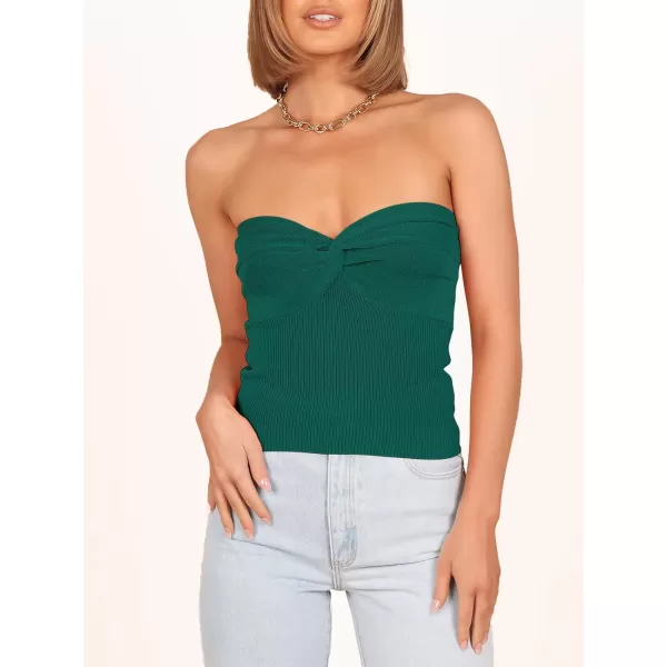 imageANRABESS Women Strapless Crop Tube Top Sexy Ribbed Knit Twisted Knot Front Bandeau Sleeveless Y2K Corset Tanks TopsOpal Green