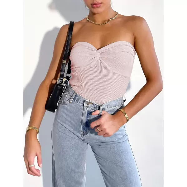 imageANRABESS Women Strapless Crop Tube Top Sexy Ribbed Knit Twisted Knot Front Bandeau Sleeveless Y2K Corset Tanks TopsPink