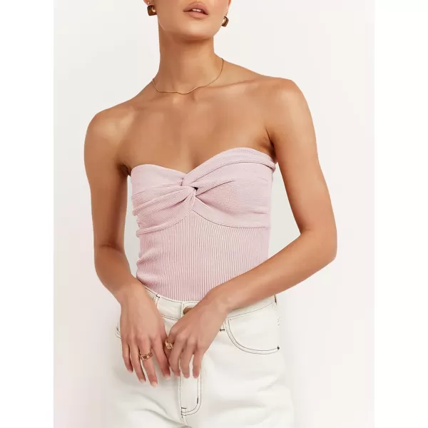 imageANRABESS Women Strapless Crop Tube Top Sexy Ribbed Knit Twisted Knot Front Bandeau Sleeveless Y2K Corset Tanks TopsPink