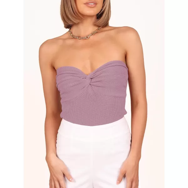 imageANRABESS Women Strapless Crop Tube Top Sexy Ribbed Knit Twisted Knot Front Bandeau Sleeveless Y2K Corset Tanks TopsPurple
