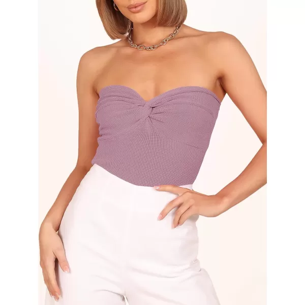 imageANRABESS Women Strapless Crop Tube Top Sexy Ribbed Knit Twisted Knot Front Bandeau Sleeveless Y2K Corset Tanks TopsPurple