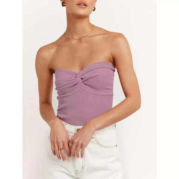 imageANRABESS Women Strapless Crop Tube Top Sexy Ribbed Knit Twisted Knot Front Bandeau Sleeveless Y2K Corset Tanks TopsPurple