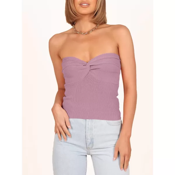 imageANRABESS Women Strapless Crop Tube Top Sexy Ribbed Knit Twisted Knot Front Bandeau Sleeveless Y2K Corset Tanks TopsPurple