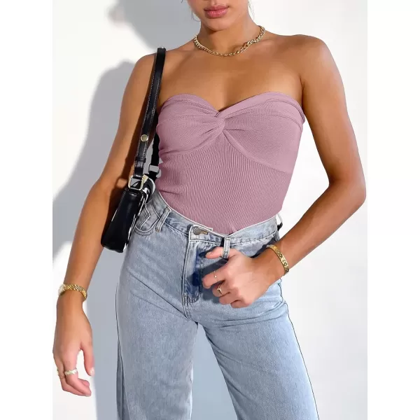 imageANRABESS Women Strapless Crop Tube Top Sexy Ribbed Knit Twisted Knot Front Bandeau Sleeveless Y2K Corset Tanks TopsPurple