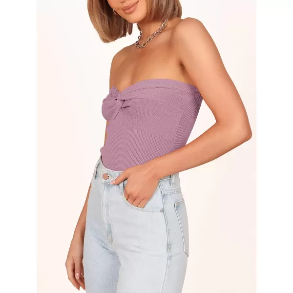 imageANRABESS Women Strapless Crop Tube Top Sexy Ribbed Knit Twisted Knot Front Bandeau Sleeveless Y2K Corset Tanks TopsPurple