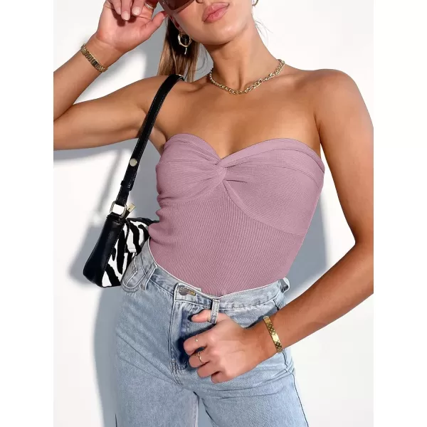 imageANRABESS Women Strapless Crop Tube Top Sexy Ribbed Knit Twisted Knot Front Bandeau Sleeveless Y2K Corset Tanks TopsPurple