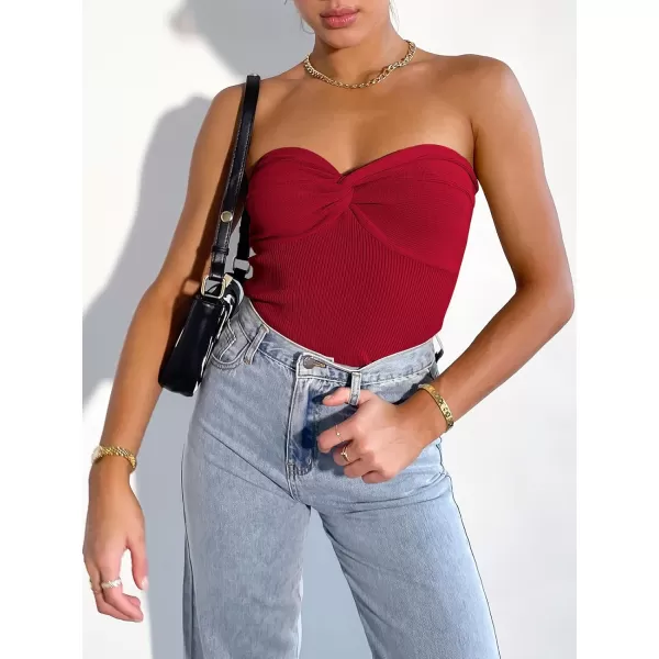 imageANRABESS Women Strapless Crop Tube Top Sexy Ribbed Knit Twisted Knot Front Bandeau Sleeveless Y2K Corset Tanks TopsRed