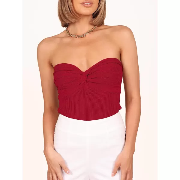 imageANRABESS Women Strapless Crop Tube Top Sexy Ribbed Knit Twisted Knot Front Bandeau Sleeveless Y2K Corset Tanks TopsRed