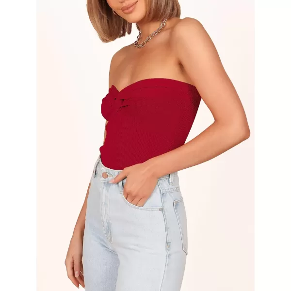 imageANRABESS Women Strapless Crop Tube Top Sexy Ribbed Knit Twisted Knot Front Bandeau Sleeveless Y2K Corset Tanks TopsRed