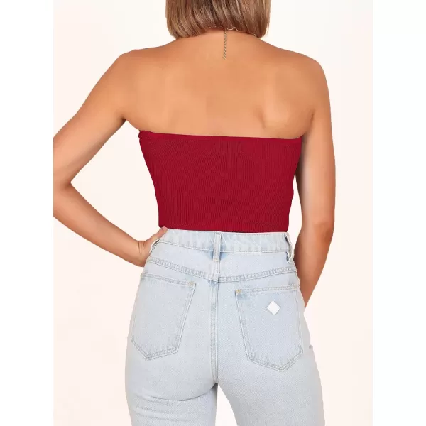 imageANRABESS Women Strapless Crop Tube Top Sexy Ribbed Knit Twisted Knot Front Bandeau Sleeveless Y2K Corset Tanks TopsRed