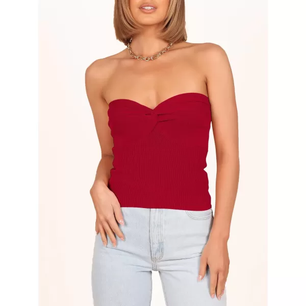 imageANRABESS Women Strapless Crop Tube Top Sexy Ribbed Knit Twisted Knot Front Bandeau Sleeveless Y2K Corset Tanks TopsRed