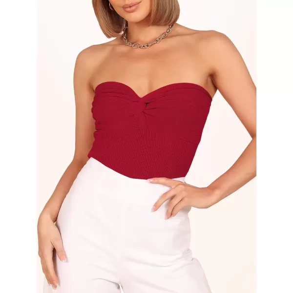 imageANRABESS Women Strapless Crop Tube Top Sexy Ribbed Knit Twisted Knot Front Bandeau Sleeveless Y2K Corset Tanks TopsRed