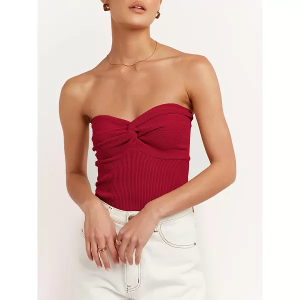 imageANRABESS Women Strapless Crop Tube Top Sexy Ribbed Knit Twisted Knot Front Bandeau Sleeveless Y2K Corset Tanks TopsRed