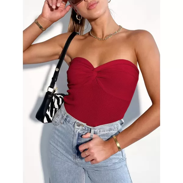 imageANRABESS Women Strapless Crop Tube Top Sexy Ribbed Knit Twisted Knot Front Bandeau Sleeveless Y2K Corset Tanks TopsRed