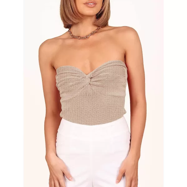 imageANRABESS Women Strapless Crop Tube Top Sexy Ribbed Knit Twisted Knot Front Sleeveless Y2K Corset Tanks TopApricot