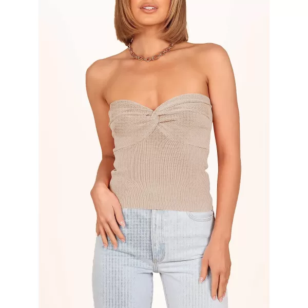 imageANRABESS Women Strapless Crop Tube Top Sexy Ribbed Knit Twisted Knot Front Sleeveless Y2K Corset Tanks TopApricot