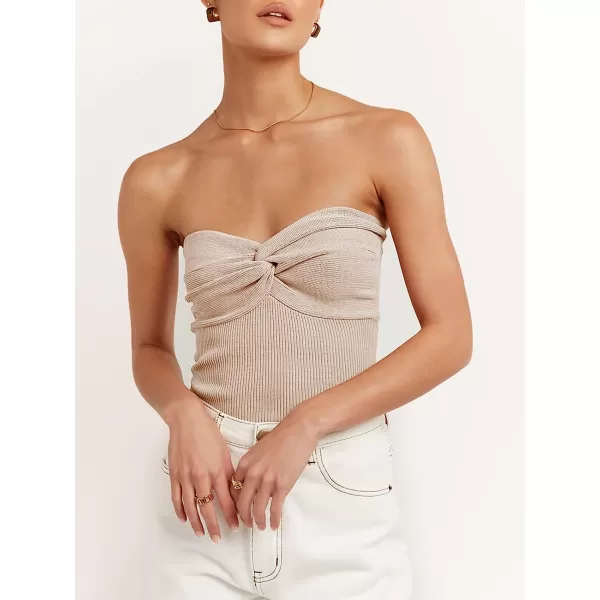 imageANRABESS Women Strapless Crop Tube Top Sexy Ribbed Knit Twisted Knot Front Sleeveless Y2K Corset Tanks TopApricot