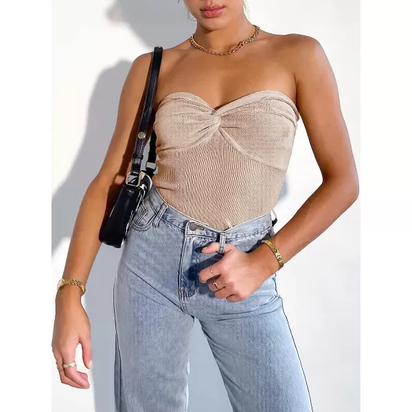 imageANRABESS Women Strapless Crop Tube Top Sexy Ribbed Knit Twisted Knot Front Sleeveless Y2K Corset Tanks TopApricot
